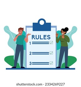 Concept of rules. Man and girl standing next to plan. Employees familiarize themselves with daily routine. Family rules. Mother and son communicate at house. Cartoon flat vector illustration.