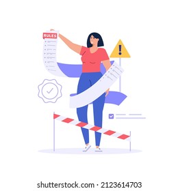 Concept of rules and regulations, company policy, corporate law and business ethics. Business woman demonstrating checklist of rules and regulation standards. Vector illustration in flat design