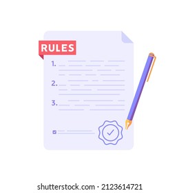 Concept of rules and regulations, company policy, corporate law and business ethics. Business concept reading checklist of rules and regulation standards. Vector illustration in flat design