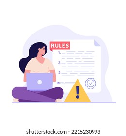 Concept of rules and regulations, company policy, corporate law and business ethics. Business woman demonstrating checklist of rules and regulation standards. Vector illustration in flat design