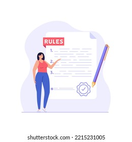 Concept of rules and regulations, company policy, corporate law and business ethics. Business woman demonstrating checklist of rules and regulation standards. Vector illustration in flat design