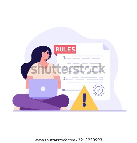 Concept of rules and regulations, company policy, corporate law and business ethics. Business woman demonstrating checklist of rules and regulation standards. Vector illustration in flat design