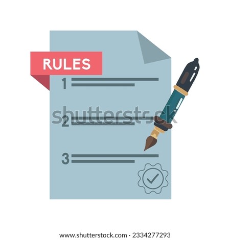 Concept of rules and regulations, company policy, corporate law and business ethics. Business concept reading checklist of rules and regulation standards. Vector illustration in flat design.