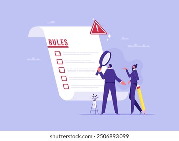 Concept of rules and regulations, corporate law and business ethics, company policy, business people reading checklist of rules and regulation standards