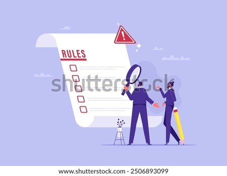 Concept of rules and regulations, corporate law and business ethics, company policy, business people reading checklist of rules and regulation standards