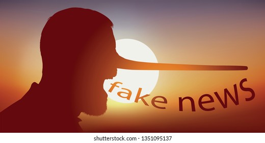 Concept of rumors on social networks, with a man seen in profile, who pronounces the word fake news by having the nose which extends like that of Pinocchio.