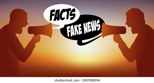 Concept Of Rumors On Social Networks In The Face Of Proven Facts, With Two Men Face To Face Who Oppose On The Theme Of Fake-news.