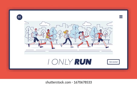 Konzept-Run von Marathon. Website Landing Page. Männliche und weibliche Charaktere, die Rennen zusammen laufen. Lineare Cartoon Outline Flache Vektorgrafiken