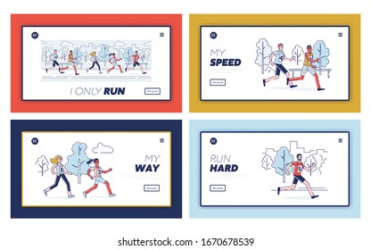 Concept Run Of Marathon. Website Landing Page. People Run Race. Participants of Athletics Event Try to Outrun Each Other. Cartoon Linear Outline Flat Vector Illustrations