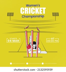 Concept Of Run Out Batter Player On Yellow Background For Women's Cricket Championship.