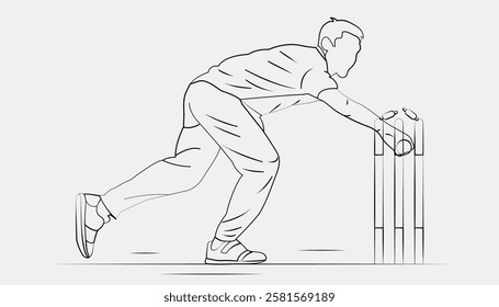 Concept of Run out Playing Cricket - championship, Line art design Vector illustration. 