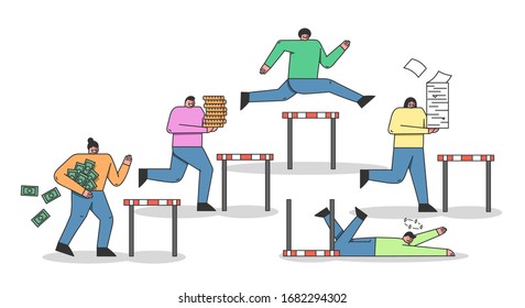 Concept Of Run Steeplechase Competition Metaphor. Cheerful Characters Is Trying To Win Jumping Over the Barrier Losing Money And Carrying Gold Ingots. Cartoon Linear Flat Style. Vector Illustration