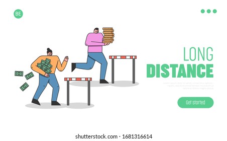 Concept Of Run Steeplechase Metaphor. Website Landing Page. Cheerful Characters Jumping Over the Barrier Losing Money And Carrying Gold Ingots. Cartoon Linear Flat Vector Illustration