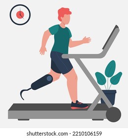 Concept Of Runner With Prosthetic On Treadmill For Inclusion Sport Flat Style Vector Illustration