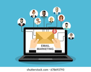 Concept of running email campaign, building audience, email advertising, direct digital marketing Human hand holding an envelope spreading information thought email distributing channel to customers