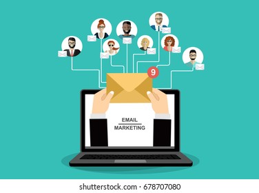 Concept of running email campaign, building audience, email advertising, direct digital marketing Human hand holding an envelope spreading information thought email distributing channel to customers
