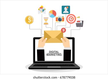 Concept of running email campaign, building audience, email advertising, direct digital marketing Human hand holding an envelope spreading information thought email distributing channel to customers