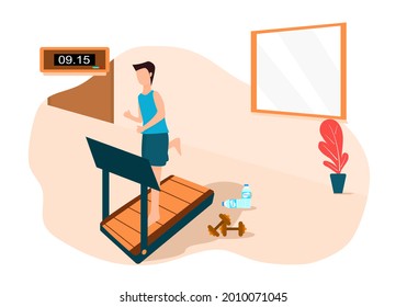 Concept running, exercise, relax, COVID. Man running on treadmill, exercising at home during vacation. Vector flat style. Illustration for content stay home, quarantine, exercise, happiness, health