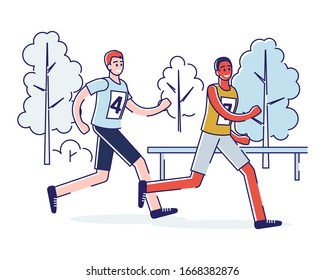 Concept Of Running Marathon And Healthy Lifestyle. Sportsmen Run Marathon. Healthy Running Marathon Athletes Sprinting. Fitness People Are Training. Cartoon Linear Outline Flat Vector Illustration