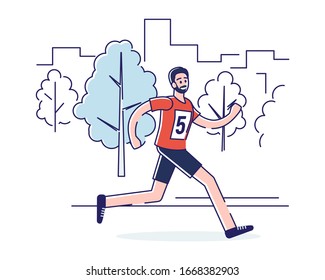 Concept Of Running Marathon, Healthy Lifestyle. Cartoon Sportsman In Sports Clothes Is Running Marathon. Healthy Running Marathon Athletes Sprinting. Cartoon Linear Outline Flat Vector Illustration