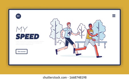 Concept Of Running Marathon And Healthy Lifestyle. Website Landing Page. Sportsmen Run Marathon. Athletes Sprinting. Linear Outline Flat Vector Illustration