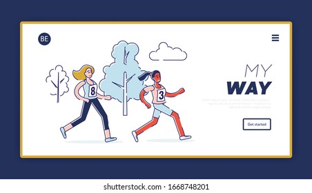 Concept Of Running Marathon, Healthy Lifestyle. Website Landing Page. Women Running. Athletes Sprinting. Linear Outline Flat Vector Illustration