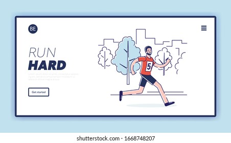 Concept Of Running Marathon. Website Landing Page. Sportsman In Sports Clothes Run Marathon. Athletes Sprint. Linear Outline Flat Style. Vector Illustration