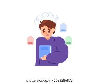 concept of running out of energy. illustration of a man looking tired. student who is tired of studying. worker or employee who is tired. facial expression of a person. flat style character design