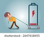 Concept of running out of energy to work. employee is exhausted but still working. low battery and tired. work problems. illustration of a worker working by supporting a battery. flat style design