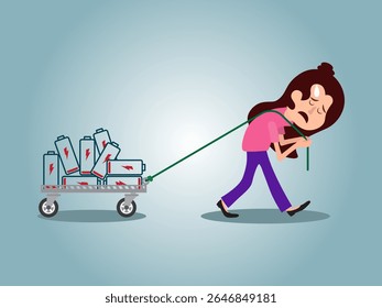 Concept of running out of energy to work. employee is exhausted but still working. low battery and tired. work problems. illustration of a worker working by supporting a battery. flat style design.