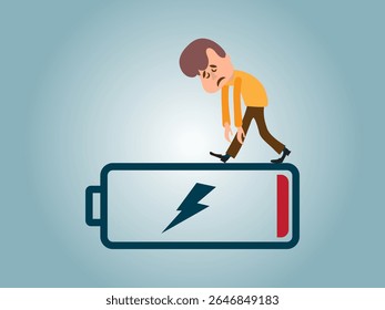 Concept of running out of energy to work. employee is exhausted but still working. low battery and tired. work problems. illustration of a worker working by supporting a battery. flat style design