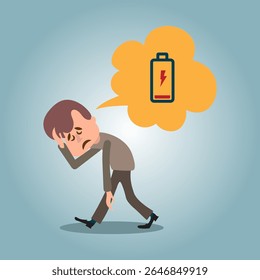 Concept of running out of energy to work. employee is exhausted but still working. low battery and tired. work problems. illustration of a worker working by supporting a battery. flat style design