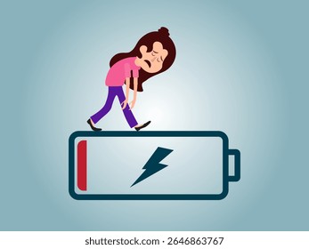 Concept of running out of energy to work. employee is exhausted but still working. low battery and tired. work problems. illustration of a worker working by supporting a battery. flat style design.