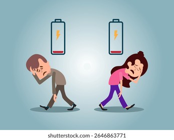 Concept of running out of energy to work. employee is exhausted but still working. low battery and tired. work problems. illustration of a worker working by supporting a battery. flat style design