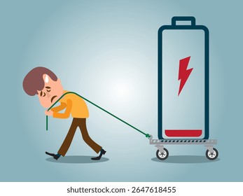 Concept of running out of energy to work. employee is exhausted but still working. low battery and tired. work problems. illustration of a worker working by supporting a battery. flat style design