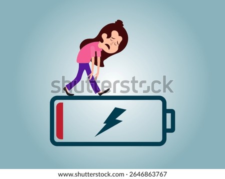 Concept of running out of energy to work. employee is exhausted but still working. low battery and tired. work problems. illustration of a worker working by supporting a battery. flat style design.