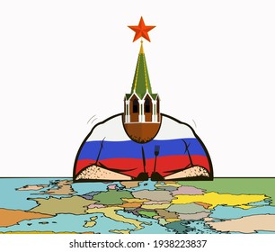 The Concept Of The Russian Federation's Aggression. The Annexation Of Crimea, An Attack On Ukraine. A Fat Man With A Kremlin Tower Instead Of A Head With A Fork And A Knife Sit Over A Map Of Europe.