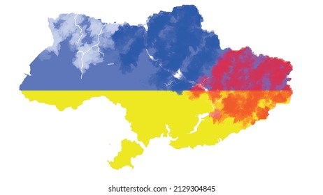 Konzept der russischen Invasion der Ukraine. Ukraine-Karte mit weißem Hintergrund und Flaggenfarben. Raucheffekt, der den fortschreitenden bewaffneten Konflikt der russischen Armee darstellt. Bewaffneter Konflikt.