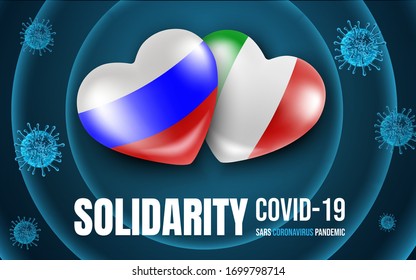 Concept Russian and Italian flags in the shape of a heart. Help and solidarity between Russia and Italy in the fight against coronavirus COVID-19. Banner with a dark spectacular background. Vector  