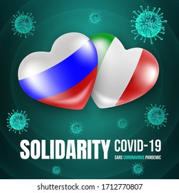 Concept Russian and Italian flags in the shape of a heart. Help and solidarity between Russia and Italy in the fight against coronavirus COVID-19. Banner with a dark spectacular background. Vector 