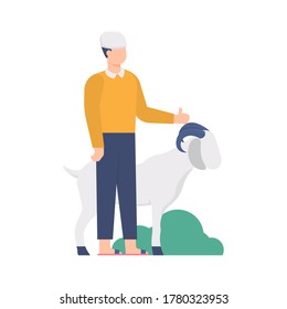 the concept of sacrifice, celebrating Eid al-Adha, Islamic traditions. illustration of a man standing near a sacrificial goat. flat design. can be used for elements, landing pages, UI, websites