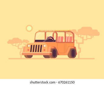  Concept safari jeep. Vector flat illustration off road car. Safari tourism in a car.