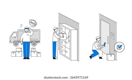 Conceito: seguro, casual, autônomo. Personagens de desenhos animados chefes de Pessoas entregando pacotes à porta. Inclui perfis de rosto, avatares e ícones. Ilustrações em close da entrega ao domicílio. 