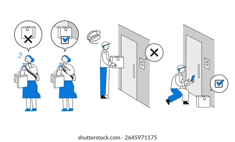 Conceito: seguro, casual, autônomo. Personagens de desenhos animados chefes de Pessoas entregando pacotes à porta. Inclui perfis de rosto, avatares e ícones. Ilustrações em close da entrega ao domicílio. 