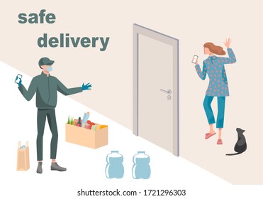 The concept of safe contactless delivery during the coronavirus (COVID-19).Courier in a protective mask and gloves delivered box with groceries and bottles of water.Woman waiting for him near the door