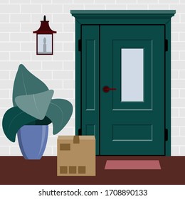 Concept of safe contactless delivery to home to prevent the spread of the corona virus. The courier delivers the order to the front door. Vector illustration.