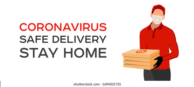 The concept of safe delivery during a pandemic. Man from delivery service in red t-shirt, in protective mask and gloves giving food order and holding four pizza boxes isolated over white background