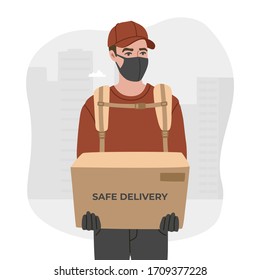 Concept of safe delivery during quarantine, courier in a respiratory mask with a box in his hands. Vector illustration, white isolated background. 