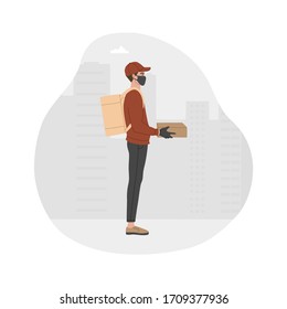 Concept of safe delivery during quarantine, courier in a respiratory mask with a box in the city. Vector illustration on the white isolated background. 