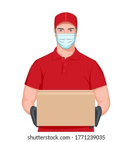 The concept of safe delivery. Delivery man employee in red t-shirt uniform, face mask, cap, and black gloves hold empty cardboard box isolated on white background. Contactless delivery of orders in qu